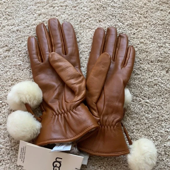 UGG Brown Leather Gloves with Cream Pom Poms - Picture 2 of 2
